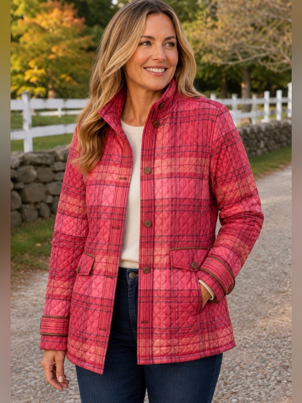 Lands’ End XL 18 PrimaLoft Quilted Plaid Barn Coat Pink Red Preppy Jacket